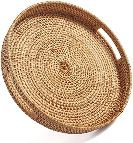 Round Rattan Serving Tray Decorative Woven Ottoman Trays with Handles for Coffee Table Natural (Small 11.8 inch x 2 inch)