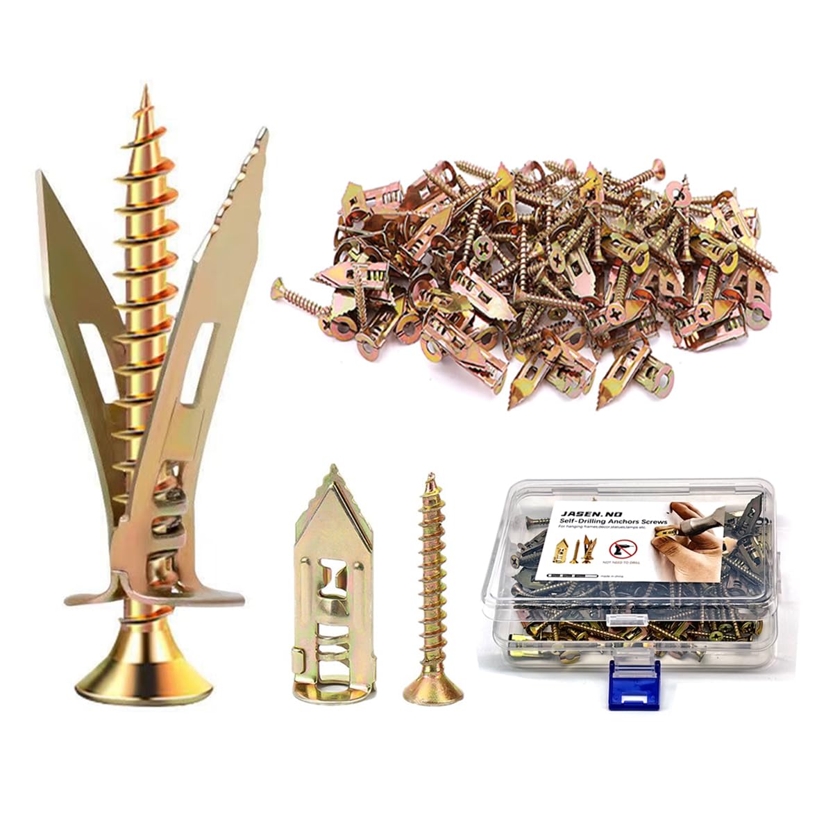 Self-Drilling Drywall Anchors,Heavy Duty Drywall Anchors and Screws kit,Door Hinge Repair Tool,Dry Wall Anchors for Fixing wall Decor, Furniture,Statues,Photo Frames (1.18IN,100Pcs)