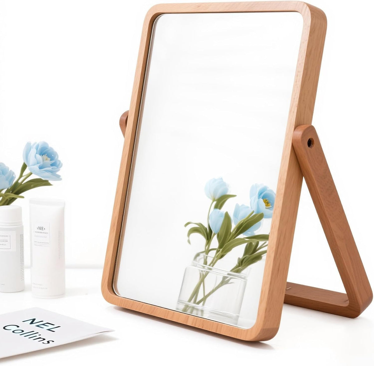 ZOROSY Desk Makeup Mirrors with Wood - Small Table Mirror with Stand