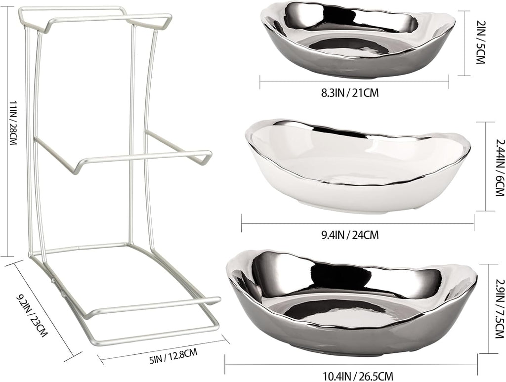 jessie 3 Tier Ceramic Fruit Bowls for Kitchen Counter with Metal Rack, Fruit Basket with Stand, Porcelain Bowls for Fruit Vegetable Bread Candy Snack Nuts (Silver and White Bowl-Silver Rack 3 Layer)