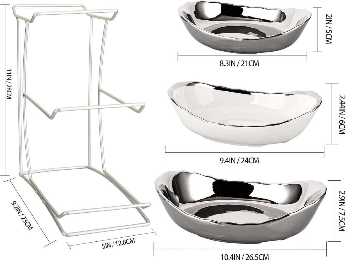 jessie 3 Tier Ceramic Fruit Bowls for Kitchen Counter with Metal Rack, Fruit Basket with Stand, Porcelain Bowls for Fruit Vegetable Bread Candy Snack Nuts (Silver and White Bowl-Silver Rack 3 Layer)