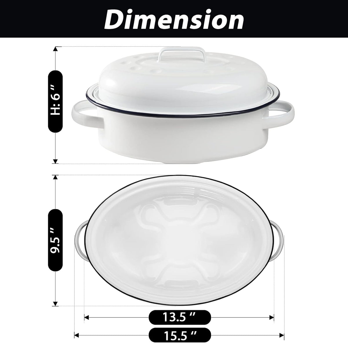 Webake Enameled Roasting Pan with Lid, Covered Roaster Pan Oval Pot Enamelware Cookware, 15.5 Inch, Vintage Farmhouse White