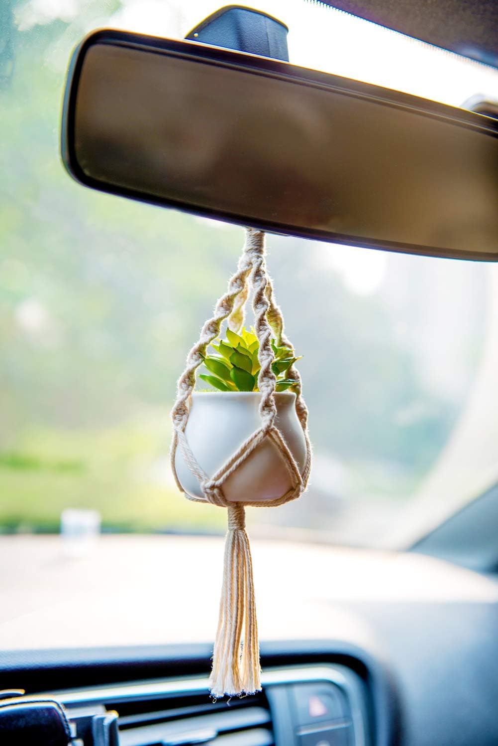 2 Pack Mini Macrame Succulent Plant Hangers for Car Rearview Mirror