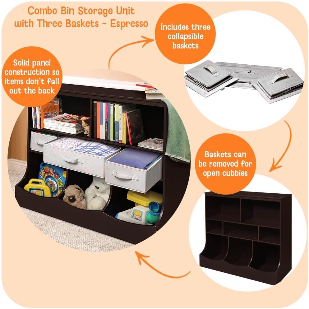 Badger Basket Combo Toy Storage Organizer and Bookshelf - Kids Storage Unit with 3 Removable Baskets, Open Shelves, Top Display Surface - Espresso