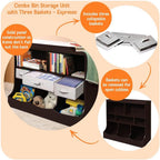 Badger Basket Combo Toy Storage Organizer and Bookshelf - Kids Storage Unit with 3 Removable Baskets, Open Shelves, Top Display Surface - Espresso