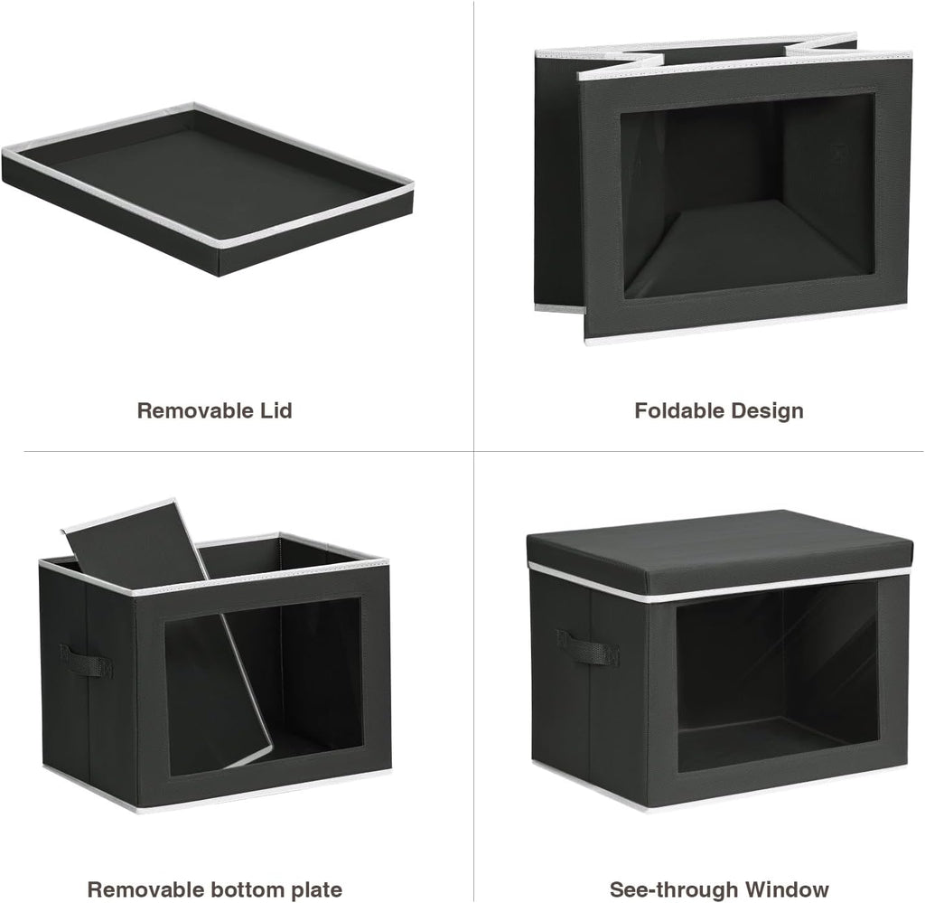 Homsorout Storage Boxes with Lids, Collapsible Storage Bins with Handles, Closet Storage Baskets with Window, Fabric Storage Containers for Organizing Clothes, Towels, Books, 3 Packs, Black