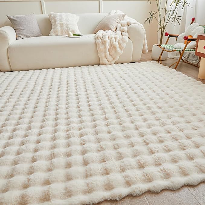 Creamy White Rabbit Plush Rug 8'x10', Fluffy Faux Fur Shaggy Area Rug - Image 4