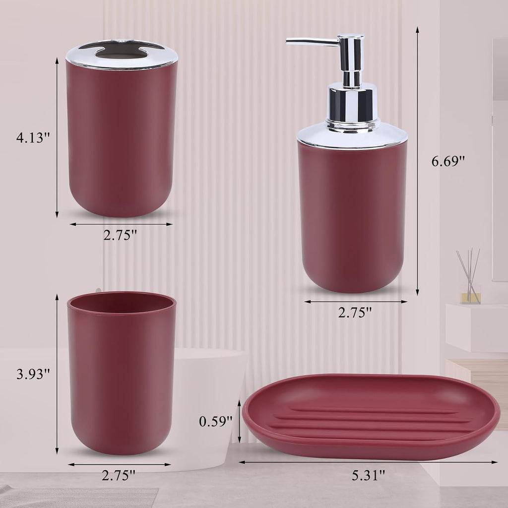 LGURT Red Bath Accessories Set — 4-Pc Dispenser, Toothbrush Holder & Cup