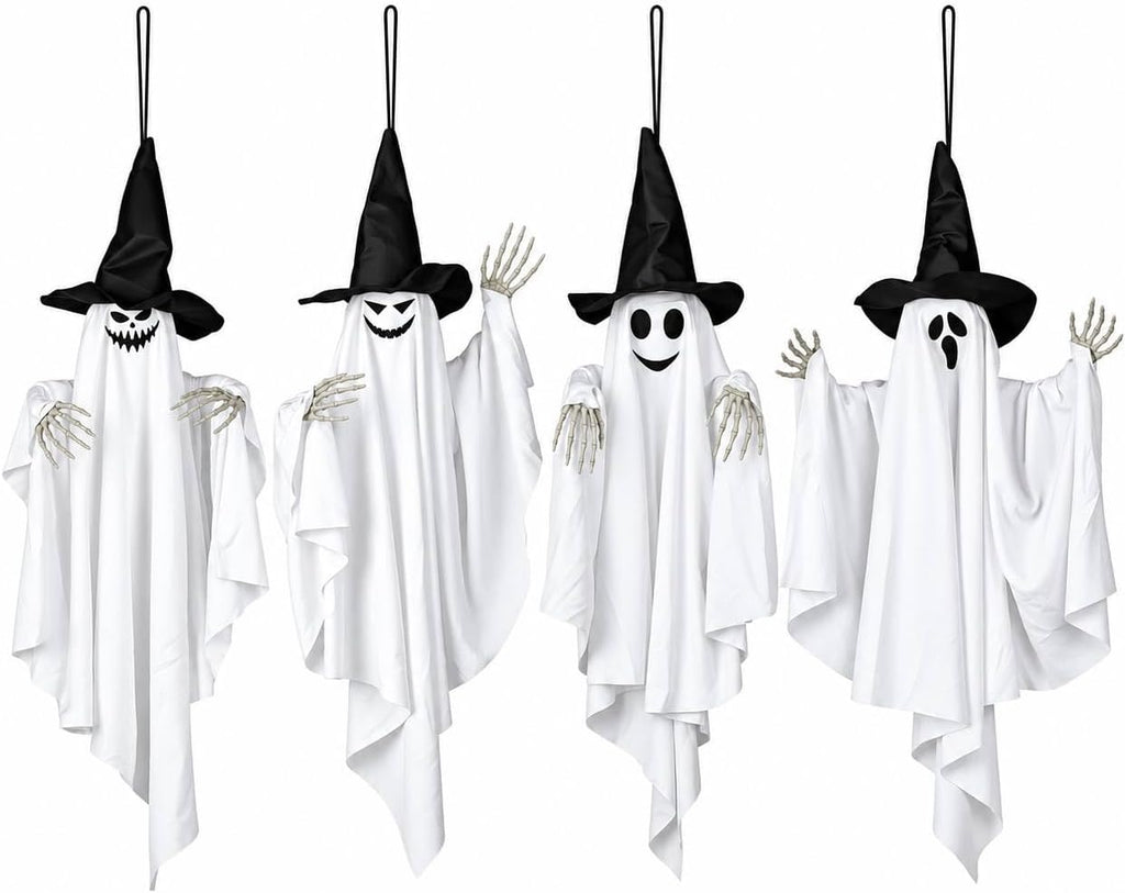 4 Pack 32 Inch Hanging Ghosts Halloween Decor, Ghost Decorations with Witch Hats & Skeleton Hands, Floating Ghost Halloween Decorations for Outside, Front Porch, Yard, Patio & Indoor Decor