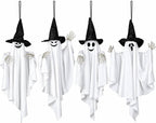 4 Pack 32 Inch Hanging Ghosts Halloween Decor, Ghost Decorations with Witch Hats & Skeleton Hands, Floating Ghost Halloween Decorations for Outside, Front Porch, Yard, Patio & Indoor Decor