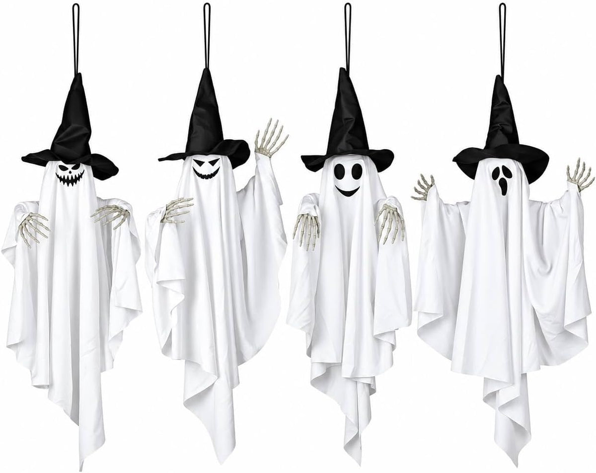 4 Pack 32 Inch Hanging Ghosts Halloween Decor, Ghost Decorations with Witch Hats & Skeleton Hands, Floating Ghost Halloween Decorations for Outside, Front Porch, Yard, Patio & Indoor Decor