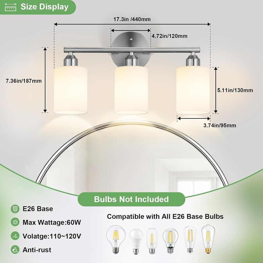 3-Light Bathroom Vanity Light Fixtures, Silver Finish, 17.3''