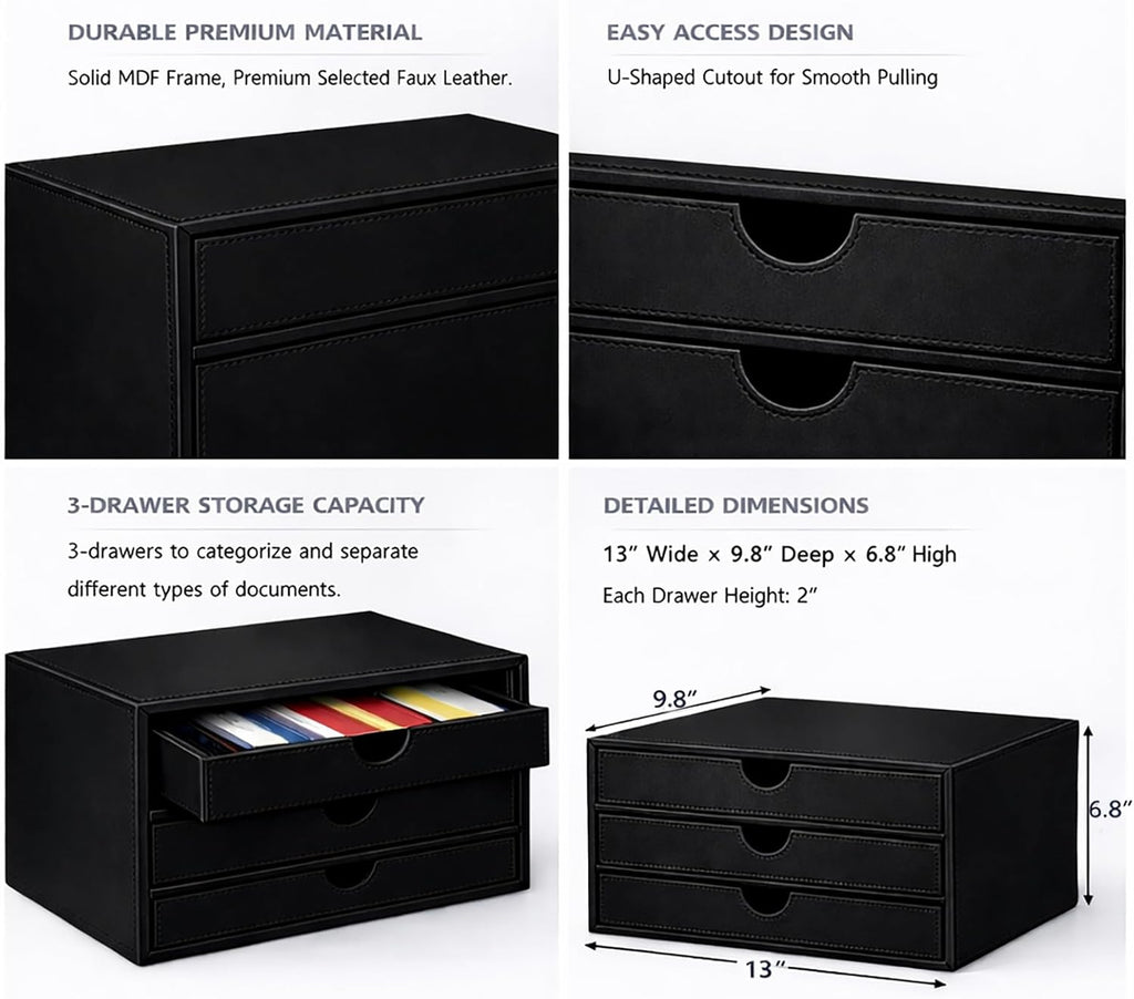 Document Organizer, 3-Drawer File Cabinet Document Storage Box, Office Desktop Filing Organizer, Black