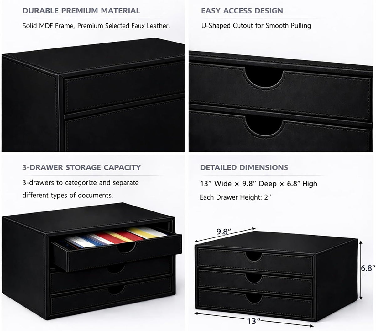 Document Organizer, 3-Drawer File Cabinet Document Storage Box, Office Desktop Filing Organizer, Black