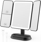 Rechargeable Lighted Makeup Mirror with 1X/3X/5X Magnification, Professional 3-Color LED Trifold Vanity Mirror, Smart Memory, Type-C Charging, Portable Beauty Mirror for Travel, Idea Gifts - Black