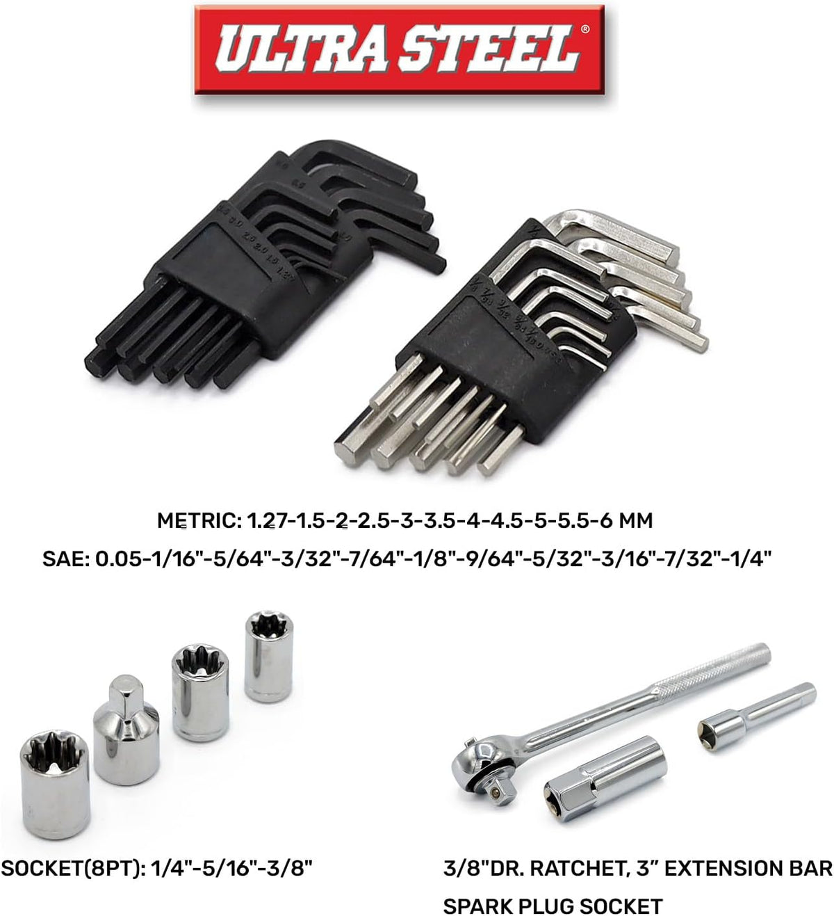 113PC Mechanic Tool Set, Ratchet, Sockets, Wrenches, Hex Keys