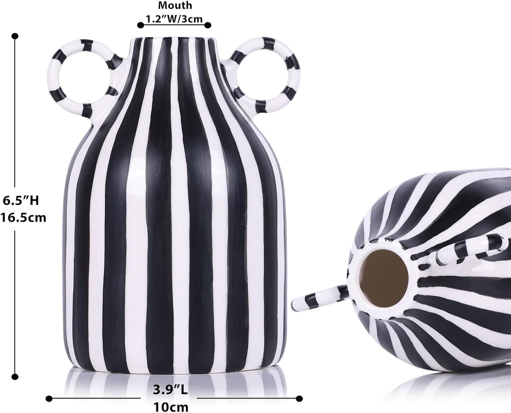Black and White Striped Ceramic Vase with Double Ring Handles