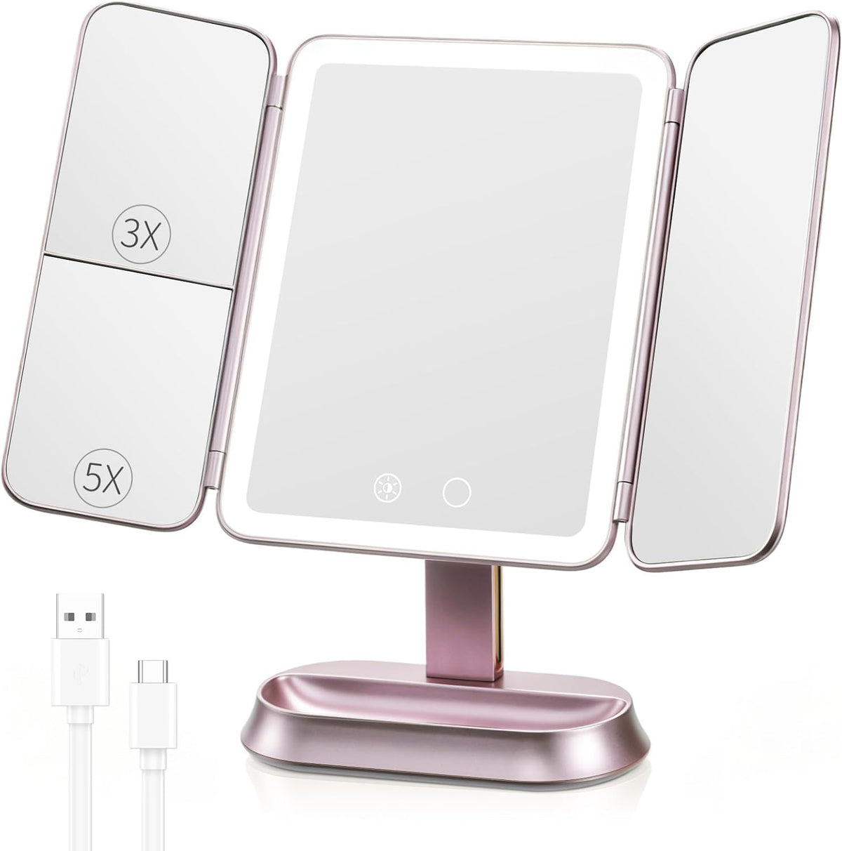 FRANO Trifold Makeup Mirror with Light, 3X/5X Magnifying Vanity Mirror,