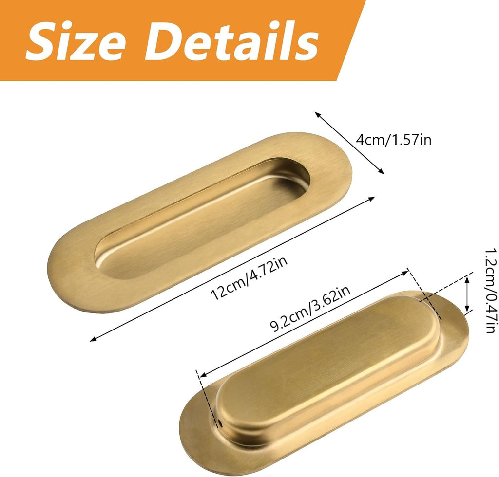 MOROBOR 2Pcs Brushed Gold Stainless Steel Side Hole Flush Pull, Oval Embedded Sliding Door Handle Recessed Finger Pulls with Hidden Screws for Drawer Cupboard Wardrobe