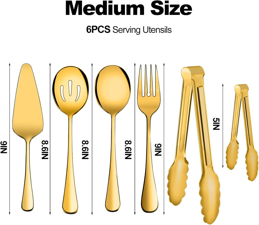 Serving Utensils, XEVOM 6-Piece Stainless Steel Serving Utensil Set Gold