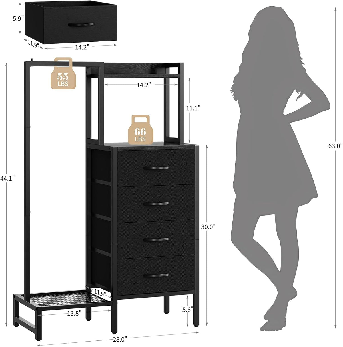 Yoobure Black Dresser with Hanging Rack - Small Closet with 4 Fabric Storage Drawers, 44" H Dresser with Clothes Rack, Chest of Drawer, Kids Dressers for Bedroom, Dorm, Living Room, Sturdy Frame
