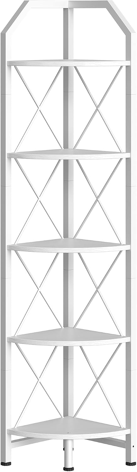 CHOEZON 5-Tier Corner Shelf, Industrial Corner Bookshelf, 59.4" Corner Storage Stand, Plant Stand Display Shelf, Corner Bookcase for Bedroom, Living Room, Home Office, White TCJ10WB
