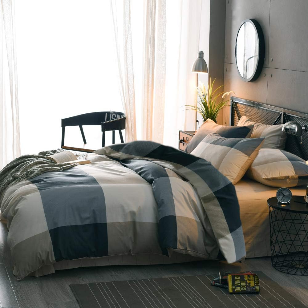 mixinni Full Comforter Set Men Boys Geometric Checkered Plaid Printed Bedding Comforter for All Season Soft Lightweight Bedding Set-Full Size