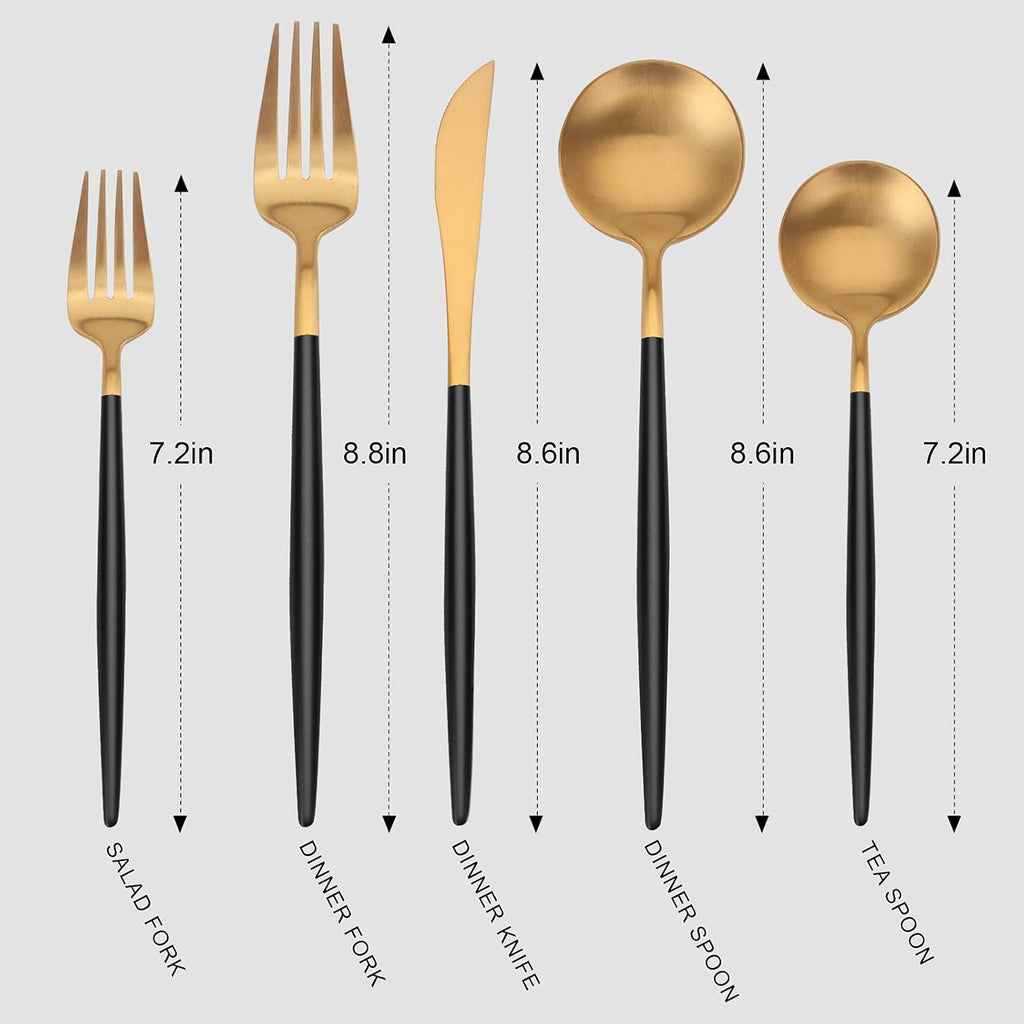 Matte Gold Silverware Set with black handle, Vanys 30 Piece Stainless Steel Cutlery Flatware Set, Kitchen Utensil Sets for 6, Tableware With Knife Spoons And Forks Set, Satin Finished Polished