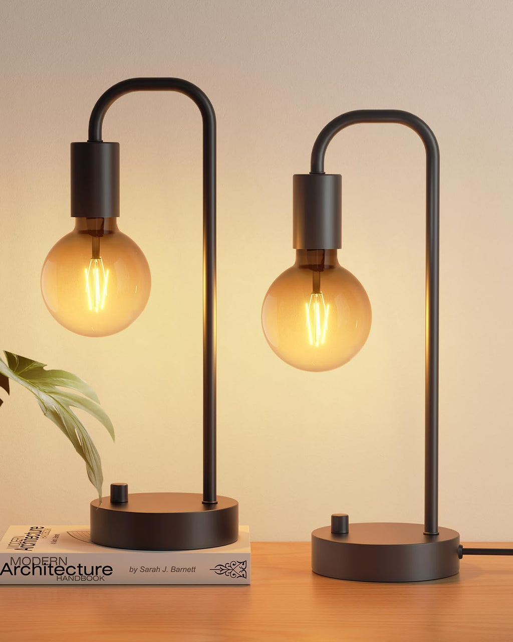 ONEWISH Industrial Table Lamp Set of 2, Fully Dimmable Beside Lamp with Gradient Black Art LED Bulb, Modern Nightstand Desk Lamps for Bedroom, Living Room, Office, Reading(Bulb Included)