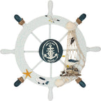 Rienar Nautical Beach Wooden Boat Ship Steering Wheel Fishing Net Shell Fish Coastal Ocean Home Wall Décor(11" Diameter)