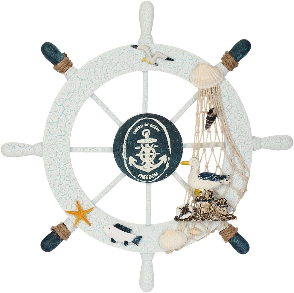 Rienar Nautical Beach Wooden Boat Ship Steering Wheel Fishing Net Shell Fish Coastal Ocean Home Wall Décor(11" Diameter)