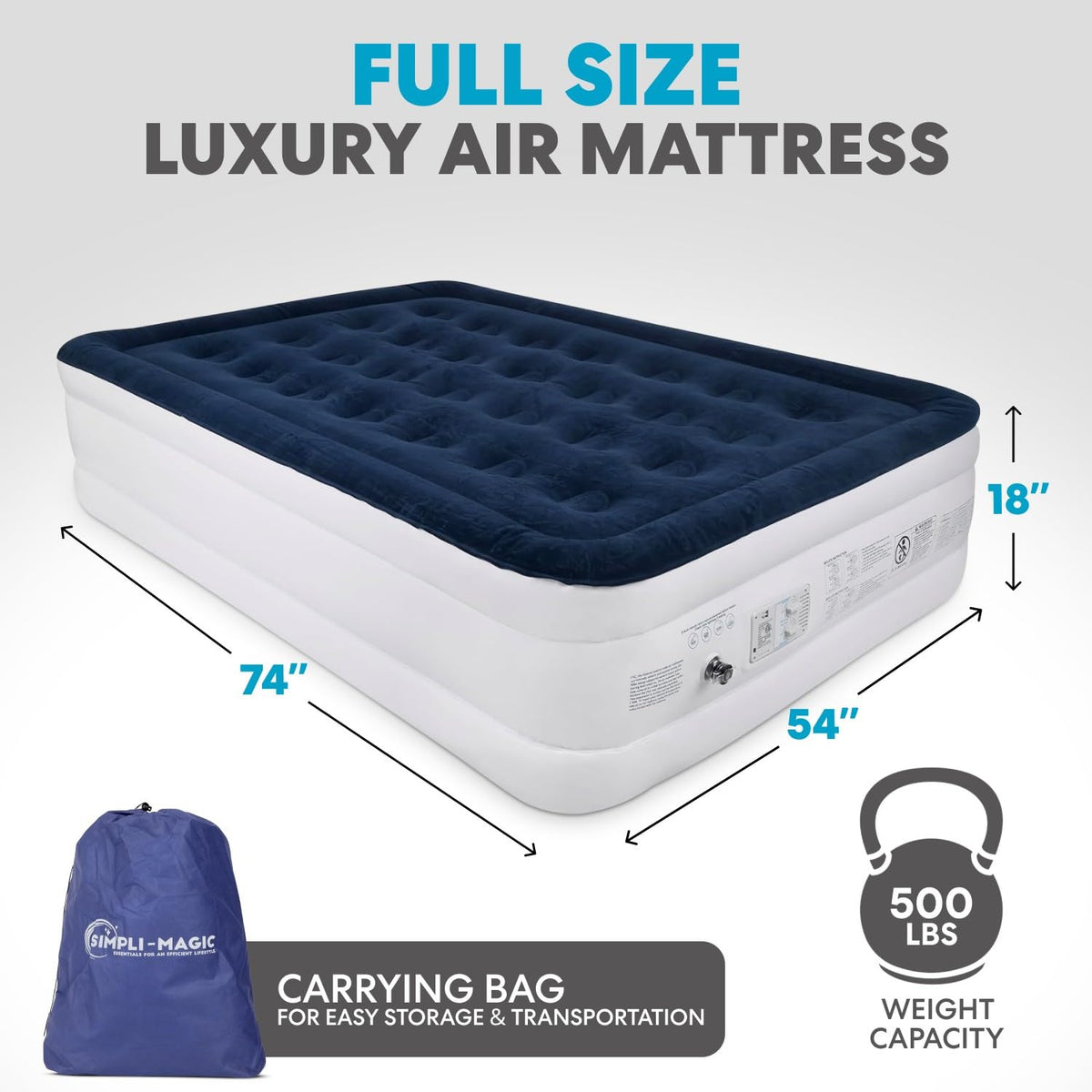 Simpli-Magic Premium Collection Luxury Air Mattress, Built-in High Capacity Pump for Home and Camping- Double Height, Adjustable, Inflatable Blow Up, Portable - Full Size