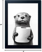 Bathroom Picture Wall Decor, Framed Black and White Bathroom Wall Art, Toilet Paper in Little Funny Raccoon's Hand Animal Canvas Print Painting