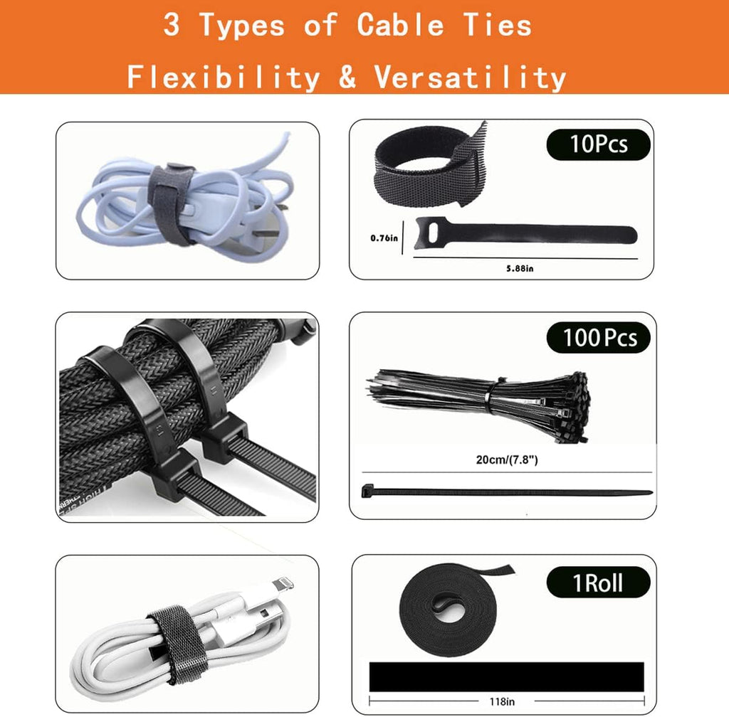 319pcs Cable Management Organizer Kit, Desk Cord Organizer, 98 Adhesive Cable Clips Holder, 17 Reusable Cable Strap, 4 Cable Sleeve Split, and 200 Nylon Cable Zip Ties (Black)