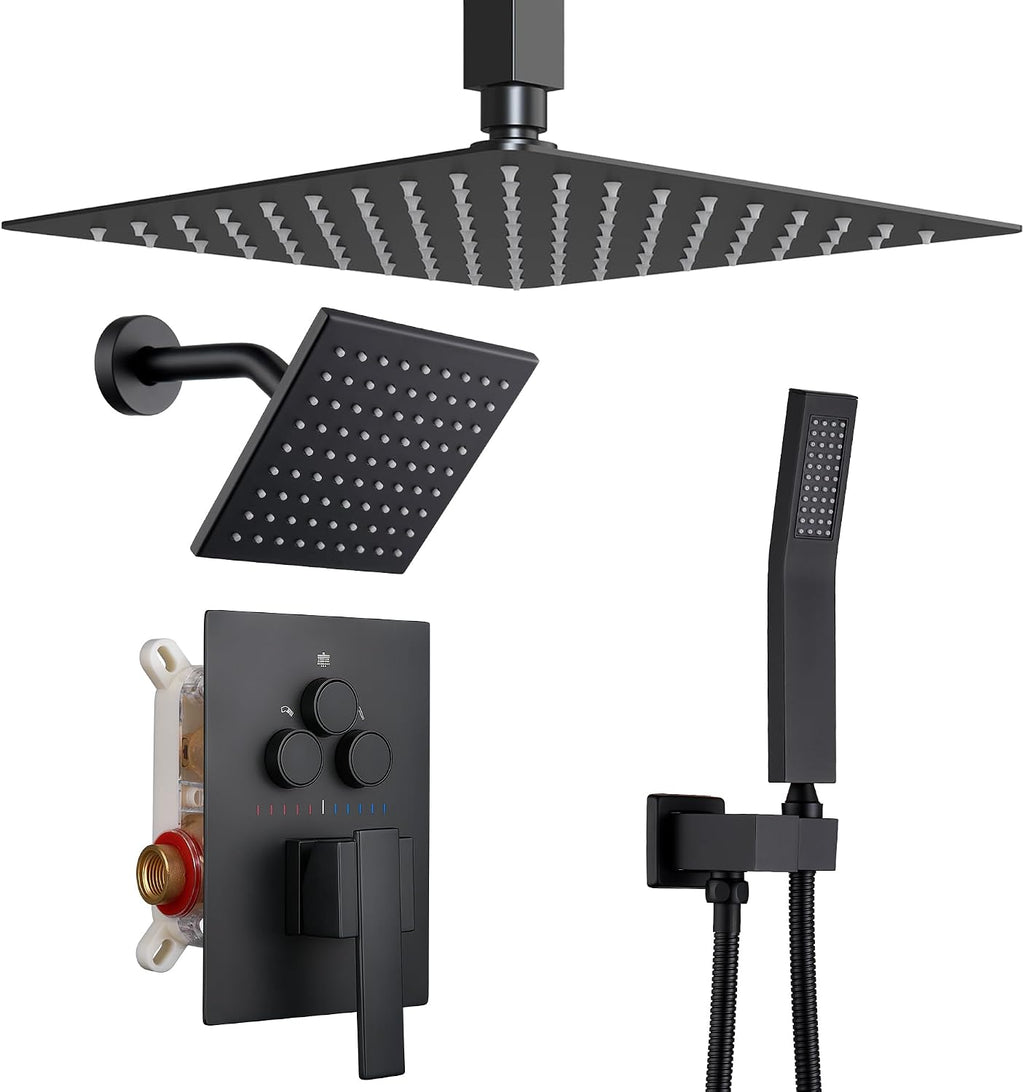 Dasan Brushed Nickel Dual Shower Heads System with Ceiling 12-Inch Rainfall Shower & Wall Mount 6-Inch High Pressure Shower Head, Full Body Dual Shower Head Set