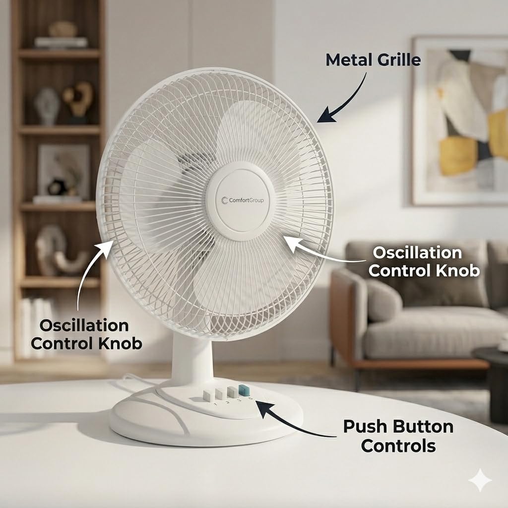 COMFORT ZONE 12" 3-Speed Oscillating Table Fan for Home - White
