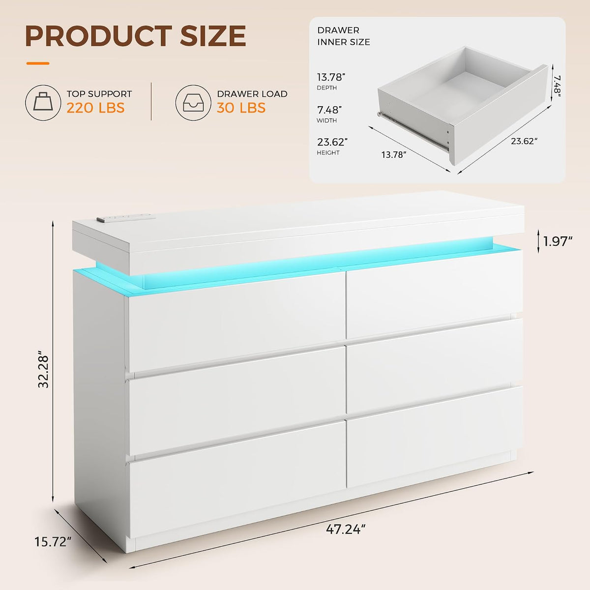 6 Drawer Dresser with LED Lights and Charging Station, Modern White Dresser
