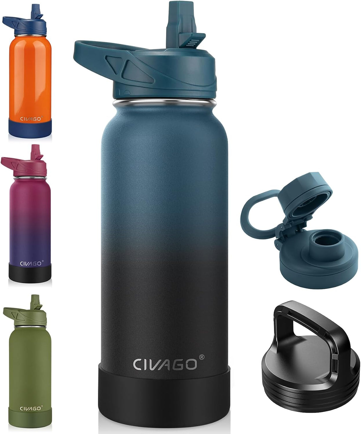 CIVAGO 32 oz Insulated Stainless Steel Water Bottle With Straw and 3 Lids
