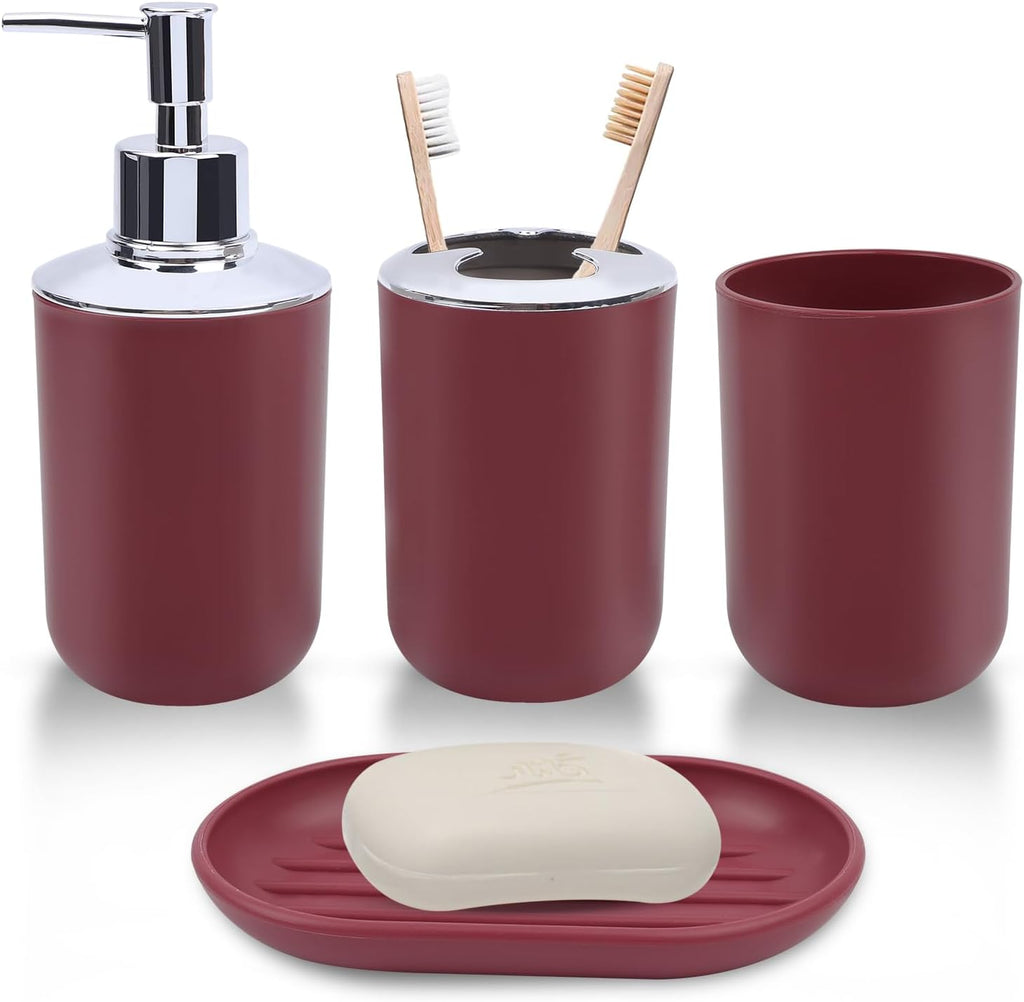 LGURT Red Bath Accessories Set — 4-Pc Dispenser, Toothbrush Holder & Cup
