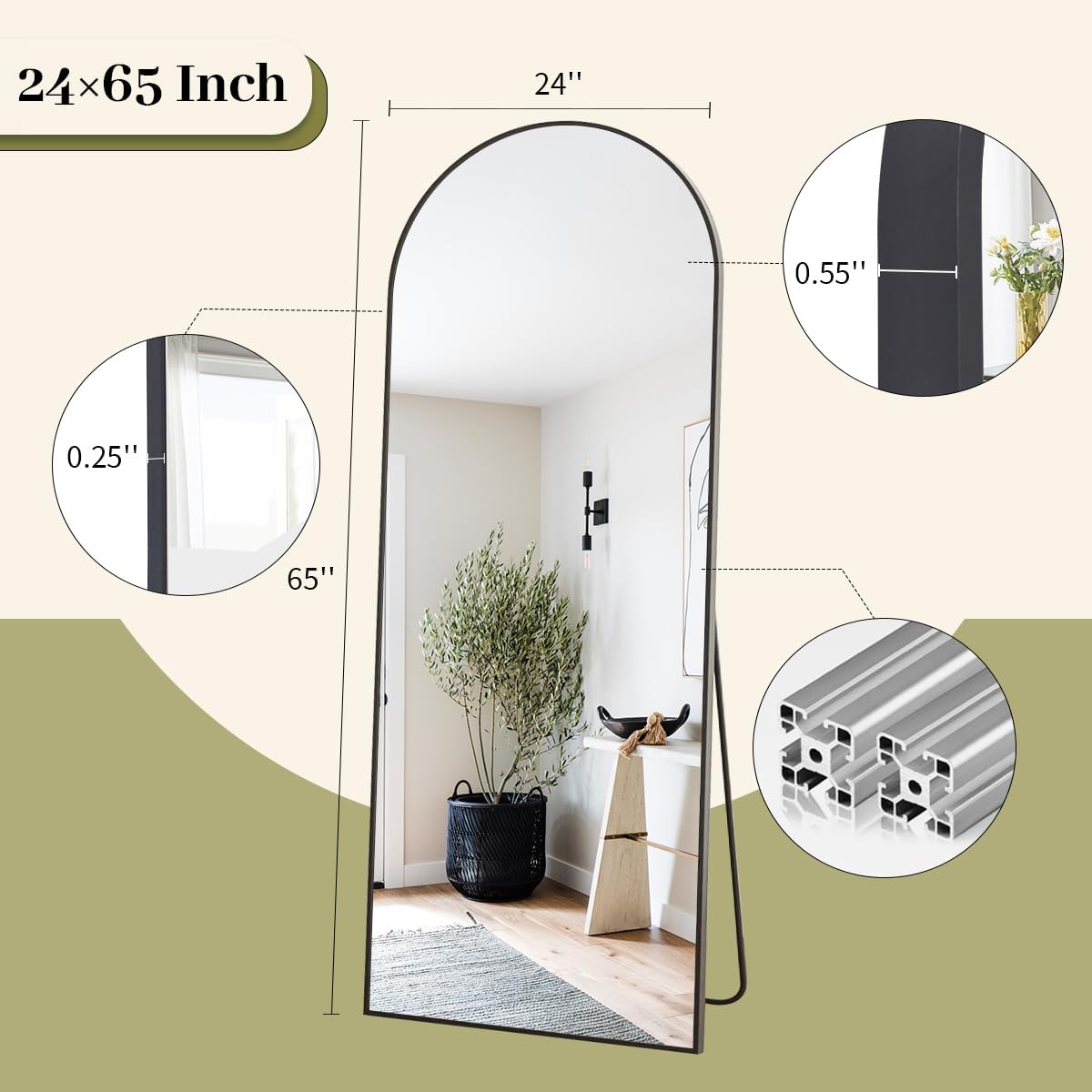 BEAUTYPEAK 65"x24" Full Length Mirror, Arch Full Body Floor Mirror, Wall Mirrors Hanging or Leaning Arched-Top with Stand for Bedroom, Dressing Room, Black