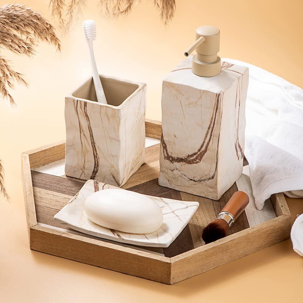 RQYIXI Ceramic Bathroom Accessories Set,Brown,4 Piece,Marble Design