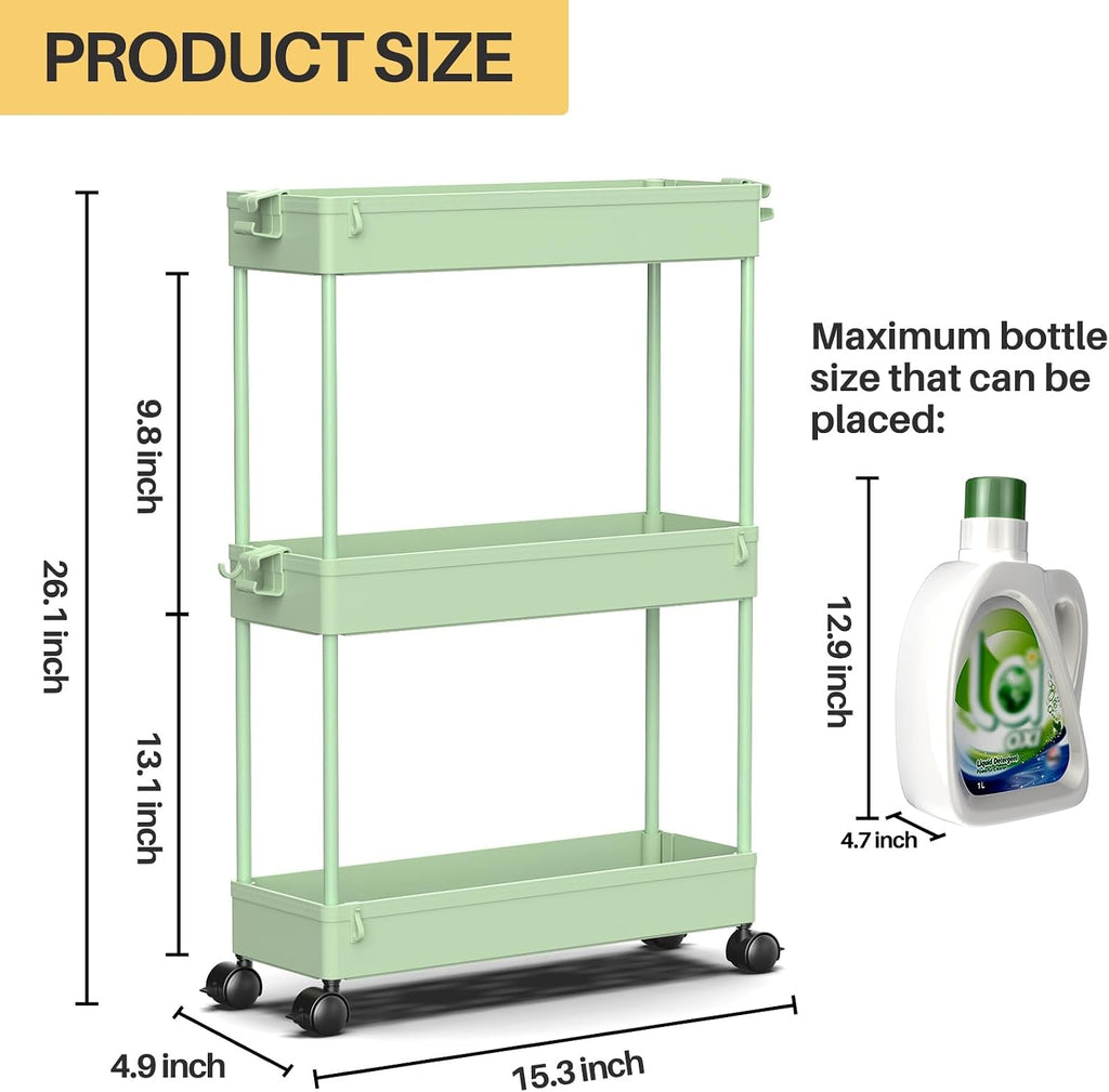 SPACEKEEPER Slim Rolling Storage Cart, 3 Tier Bathroom Cart Organizer,Green
