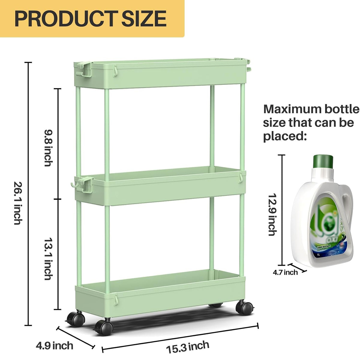 SPACEKEEPER Slim Rolling Storage Cart, 3 Tier Bathroom Cart Organizer,Green