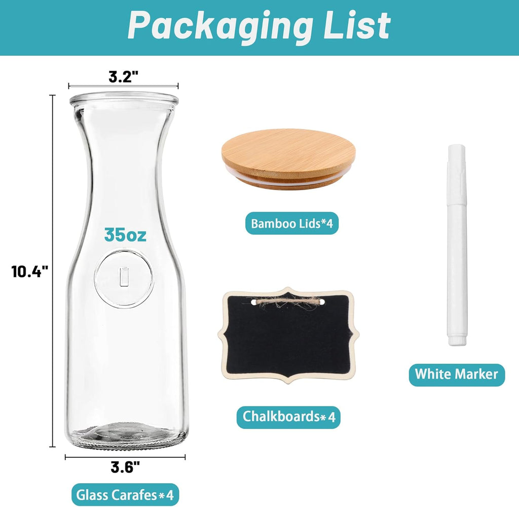 Glass Carafe with Bamboo Lid, Round 35 Oz Beverage Dispensers Carafe, Mimosa Bar Supplies, Round Clear Glass Pitcher with Name Labels for Iced Tea, Coffee, Juice(Set of 4)