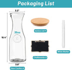 Glass Carafe with Bamboo Lid, Round 35 Oz Beverage Dispensers Carafe, Mimosa Bar Supplies, Round Clear Glass Pitcher with Name Labels for Iced Tea, Coffee, Juice(Set of 4)