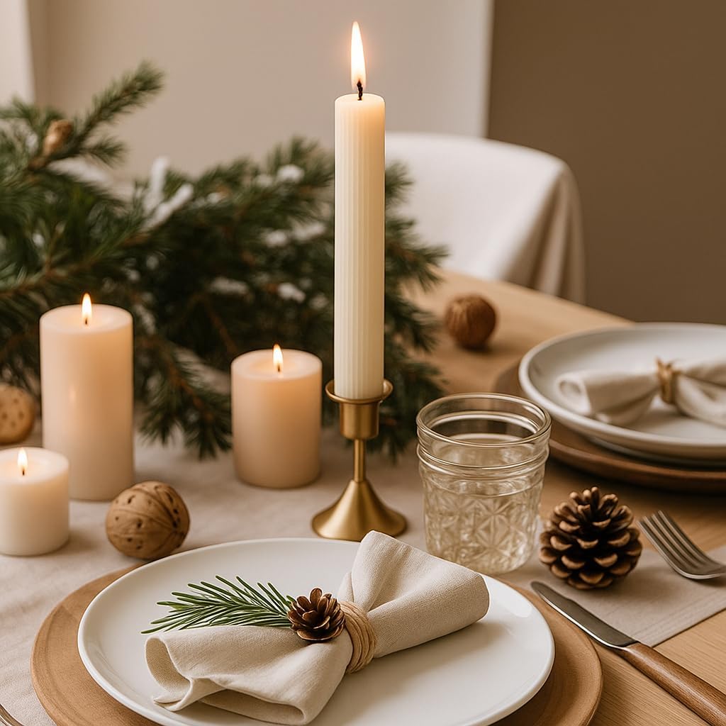 CW Studio 0.78x10 Inch Unscented Ribbed Taper Candles – Elegant Fluted Design, 11-Hour Burn, Dripless, Perfect for Home Decor, Weddings, Events & Dinners (24, White)