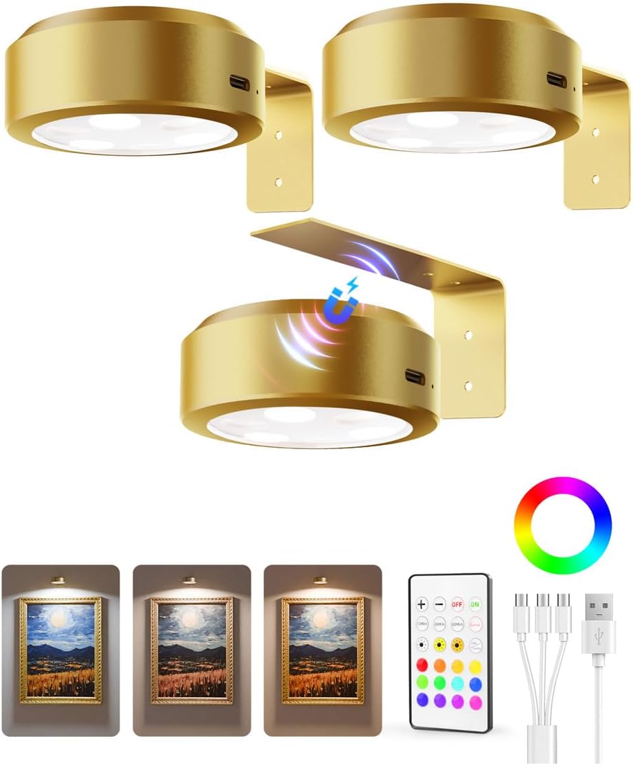EZVALO Picture Lights for Wall, 2000mAh Rechargeable Battery Magnetic Poster Lights with 3 Color Temps & 12 RGB, Remote Dimmable Timer Painting Light, Wall Decor Light for Art Display, Frame (3 Pack)