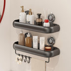 Shower Caddy Suction Cup, 2 Pack No Drilling Corner Shower Shelves, Rust Proof Bathroom Storage Organizer, Shower Corner Caddy with Removable Hooks and Towel Bar, Square, Grey