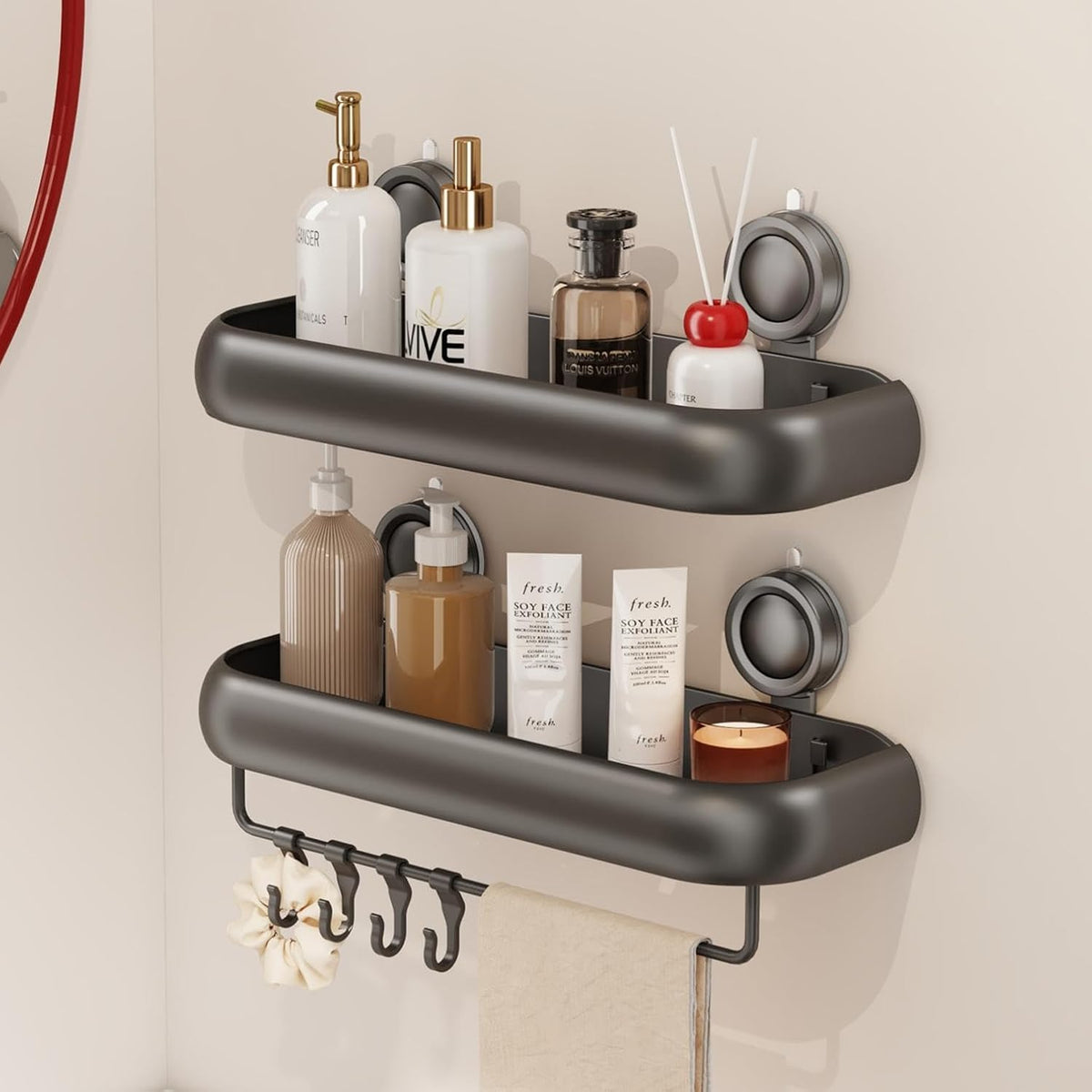 Shower Caddy Suction Cup, 2 Pack No Drilling Corner Shower Shelves, Rust Proof Bathroom Storage Organizer, Shower Corner Caddy with Removable Hooks and Towel Bar, Square, Grey