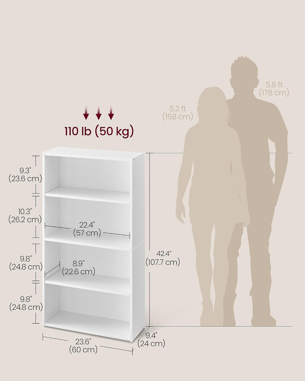 VASAGLE 4-Tier Bookshelf, Storage Organizer, 23.6 x 9.5 x 42.4 Inches